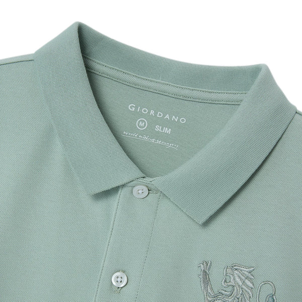 Cotton/Lycra Pique Flat Knitted Collar Short Sleeve Slim Embroidery Lion Polo