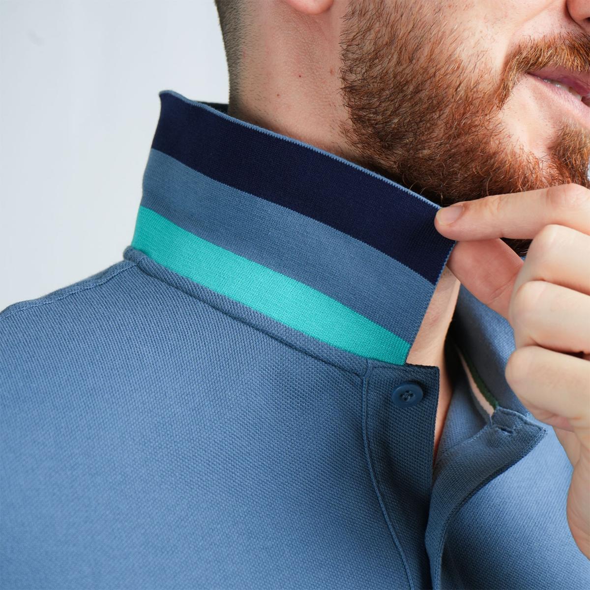 قميص بولو قطني بيكيه بياقة محبوكة مسطحة وأكمام قصيرة مطرزة بلون موحد (قميص بولو رياضي)