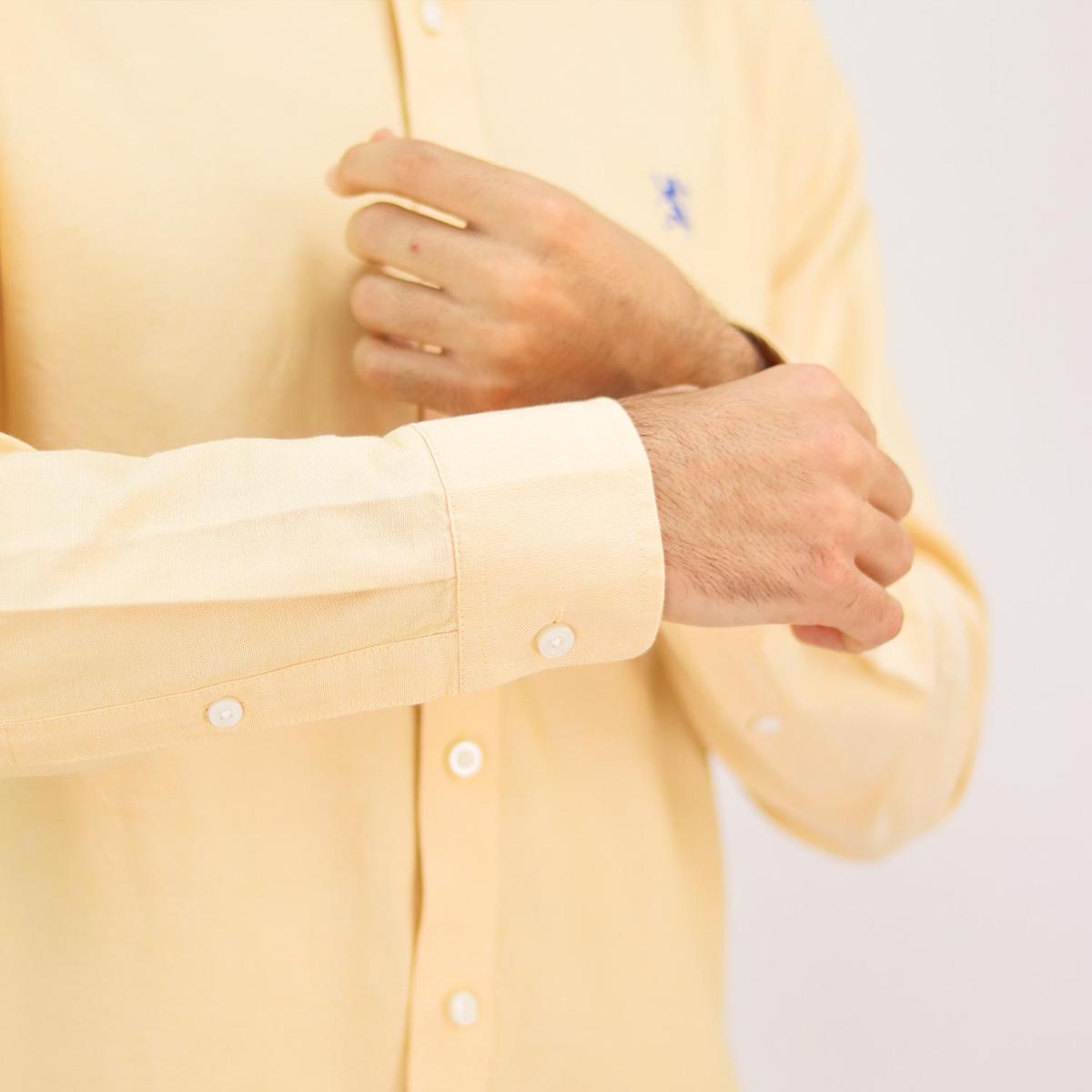 قميص قطني أكسفورد بأكمام طويلة وقصة ضيقة مطرزة، قابل للغسل