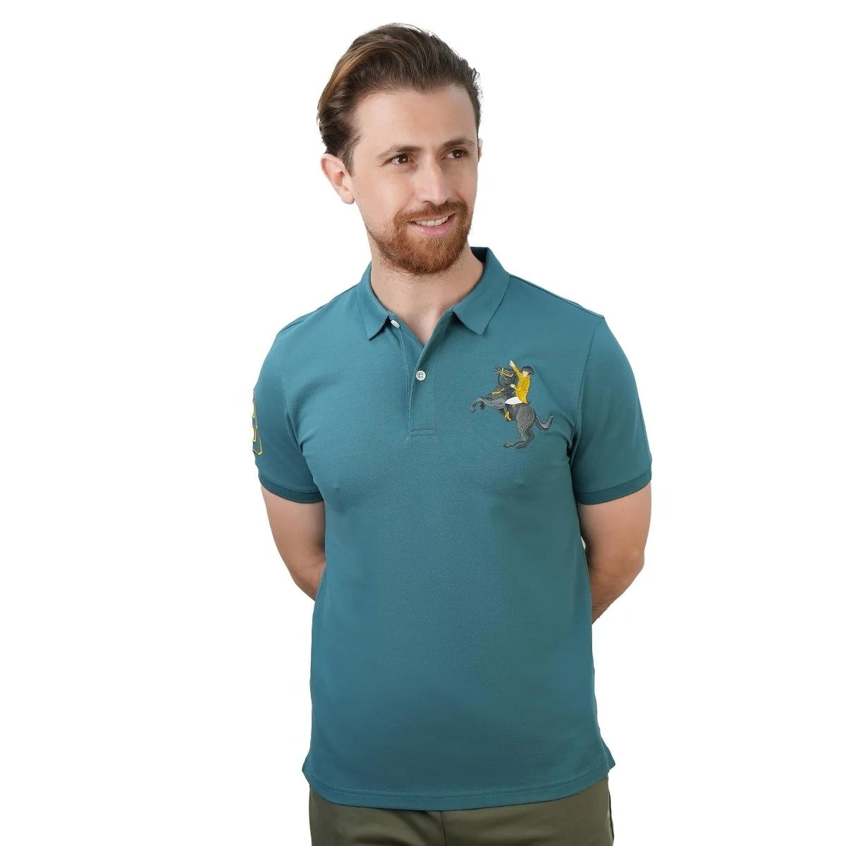 Cotton/Lycra Pique Flat Knitted Collar Short Sleeve Slim Embroidery Napoleon Polo