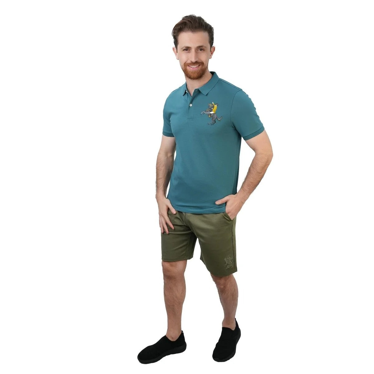 Cotton/Lycra Pique Flat Knitted Collar Short Sleeve Slim Embroidery Napoleon Polo