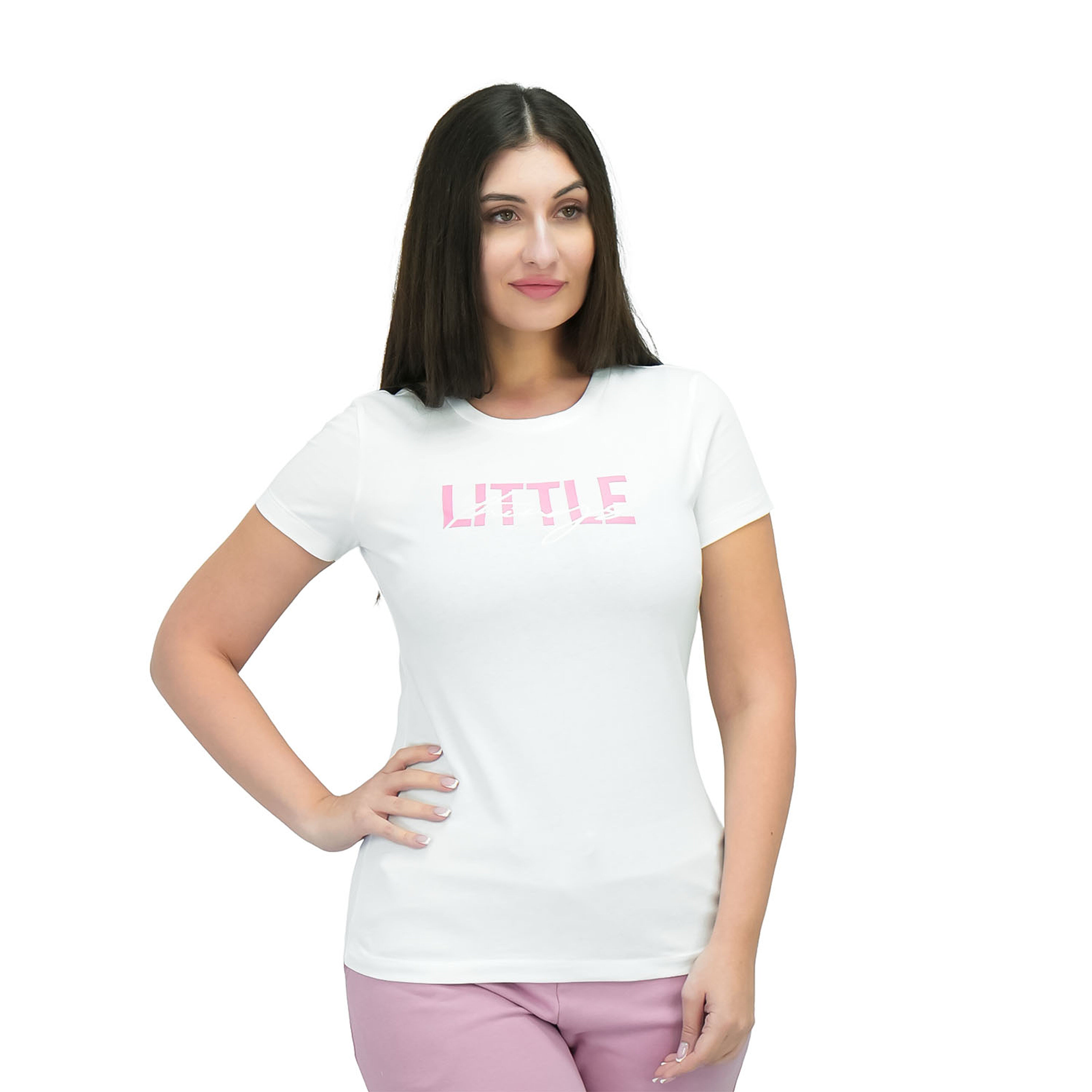 تيشيرت نسائي قطني جيرسي برقبة دائرية وأكمام قصيرة وطبعة عادية