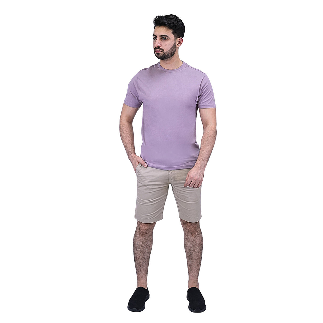 تيشيرت قطني ضيق بأكمام قصيرة ورقبة دائرية وياقة دائرية