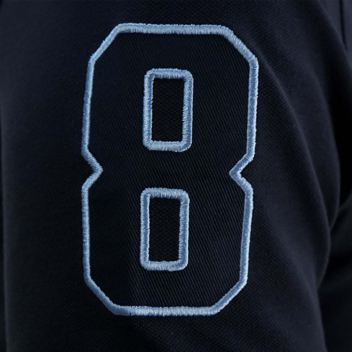 قميص بولو نابليون قصير الأكمام مطرز بتطريز رفيع، مصنوع من قماش البيكيه القطني/الليكرا، بياقة محبوكة مسطحة