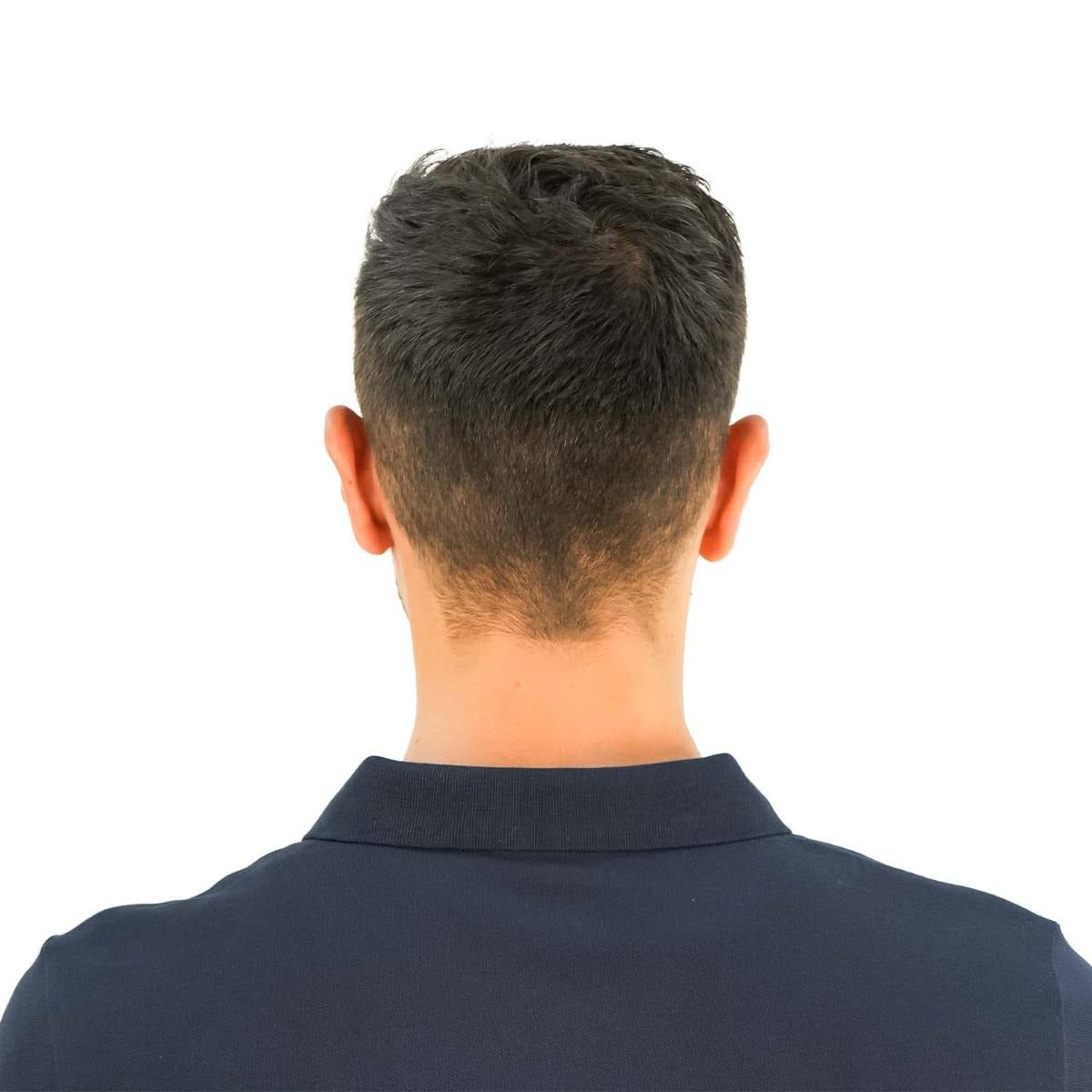 قميص بولو نابليون قصير الأكمام مطرز بتطريز رفيع، مصنوع من قماش البيكيه القطني/الليكرا، بياقة محبوكة مسطحة