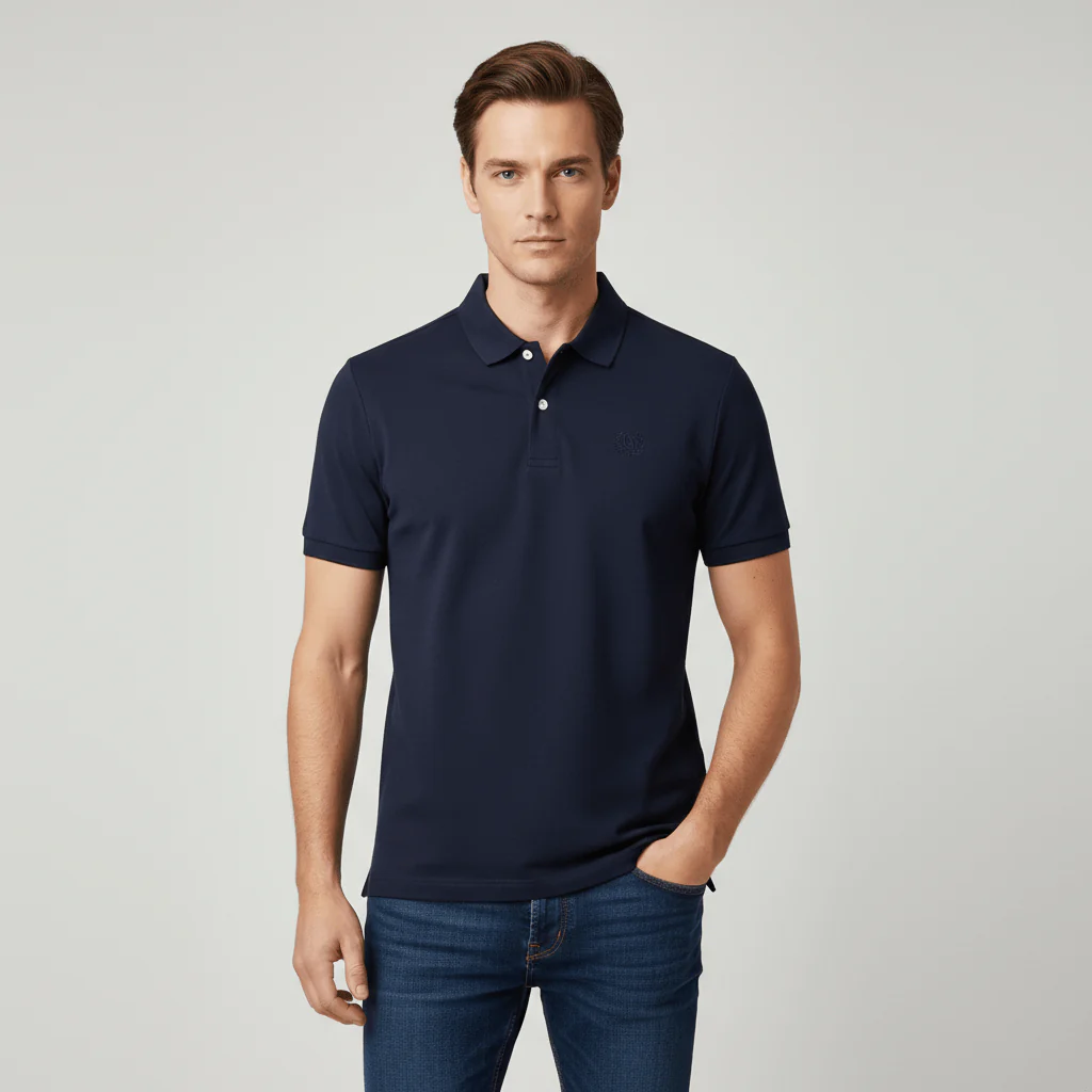 Cotton Interlock Flat Knitted Collar Short Sleeve Slim Embroidery Solid Polo (Liquid Touch)