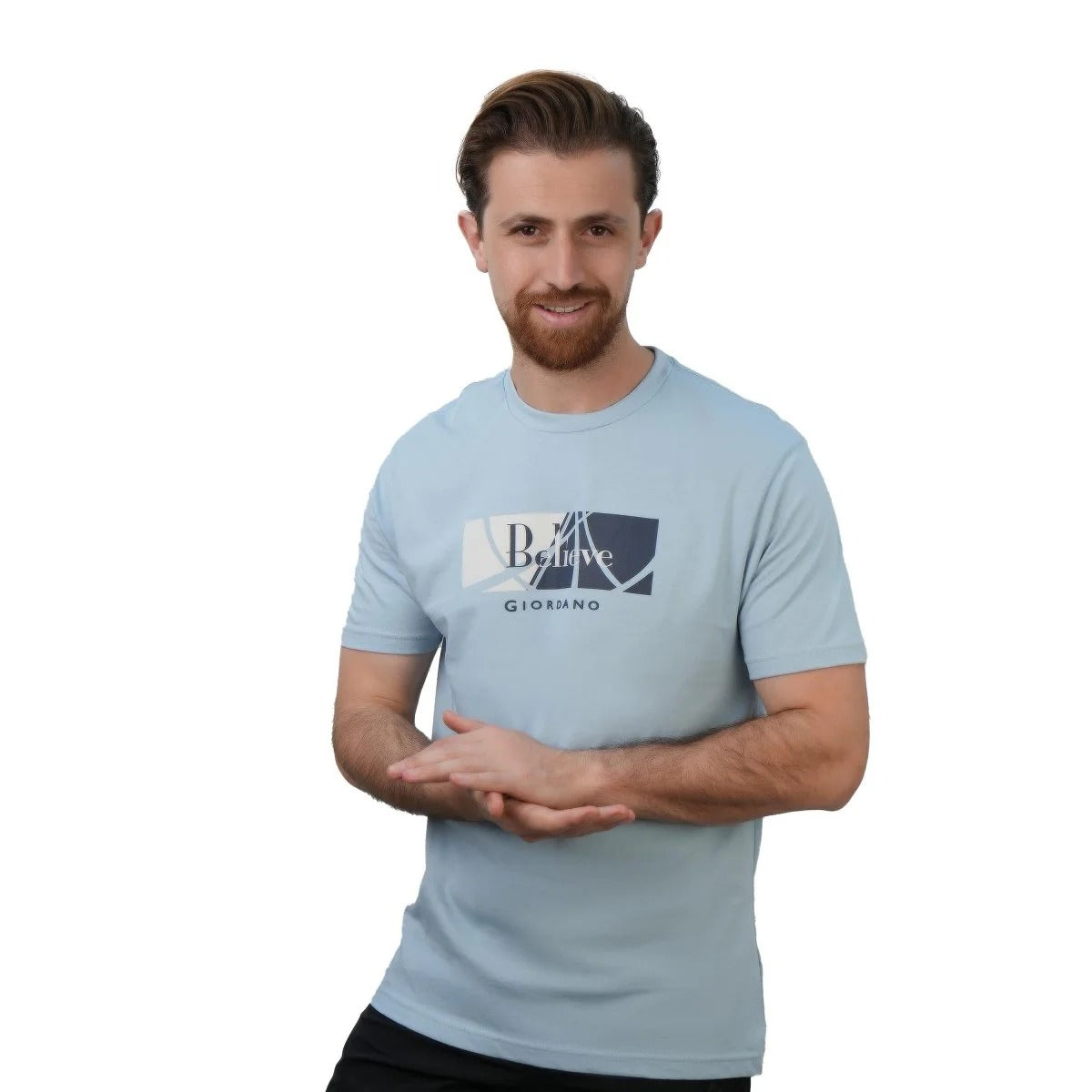 تيشيرت قطني مطبوع بأكمام قصيرة ورقبة دائرية وياقة دائرية