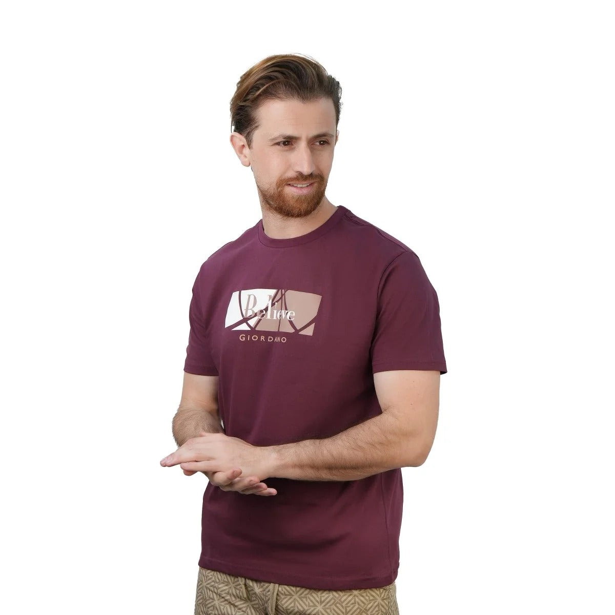 تيشيرت قطني مطبوع بأكمام قصيرة ورقبة دائرية وياقة دائرية