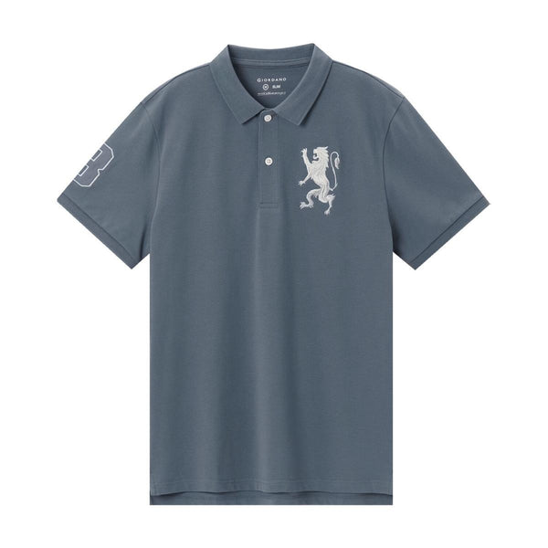 Cotton/Lycra Pique Flat Knitted Collar Short Sleeve Slim Embroidery Lion Polo