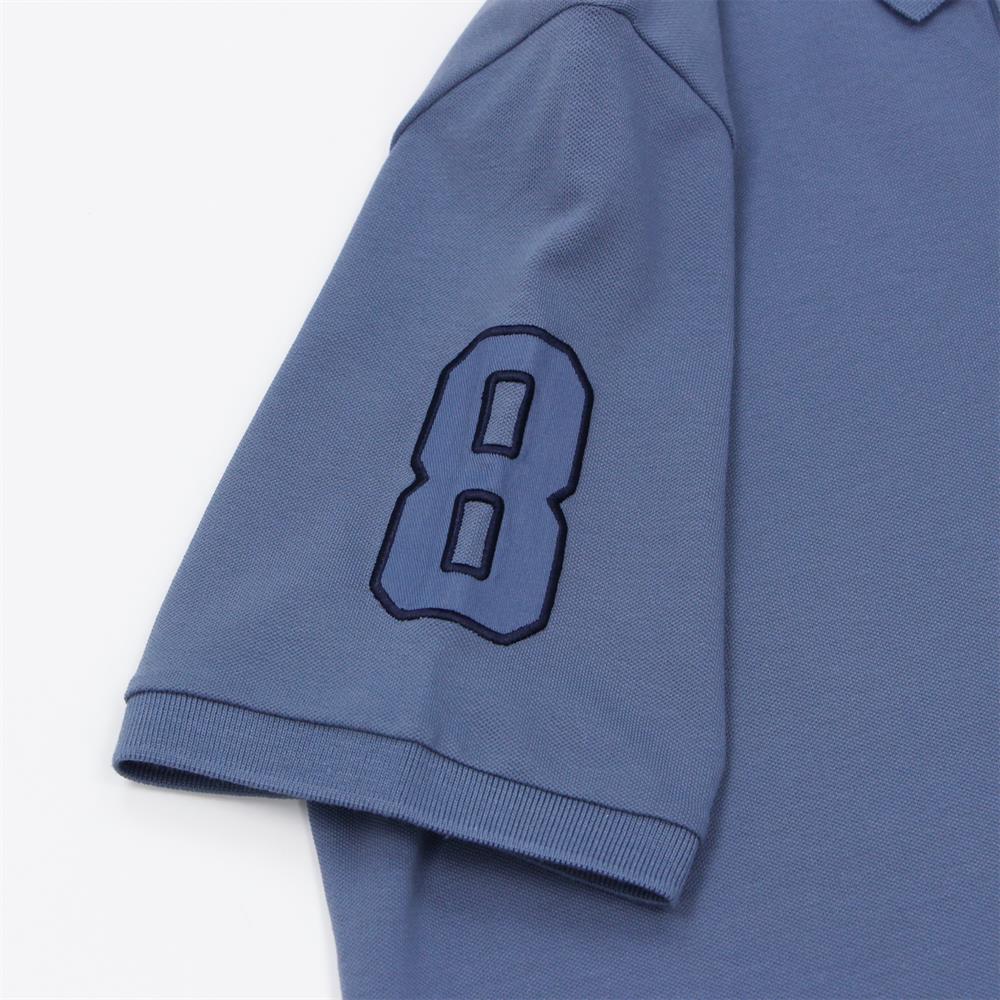 قميص بولو نابليون قصير الأكمام مطرز بتطريز رفيع، مصنوع من قماش البيكيه القطني/الليكرا، بياقة محبوكة مسطحة