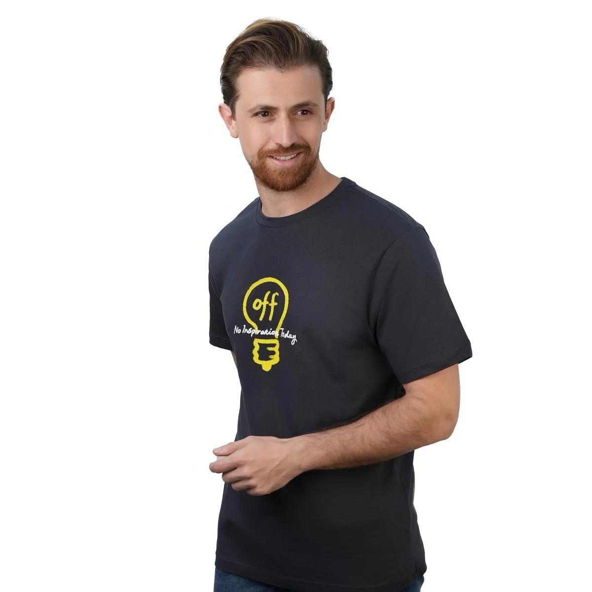 تيشيرت قطني مطبوع بأكمام قصيرة ورقبة دائرية وياقة دائرية