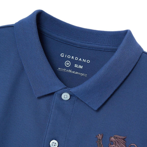 Cotton/Lycra Pique Flat Knitted Collar Short Sleeve Slim Embroidery Lion Polo