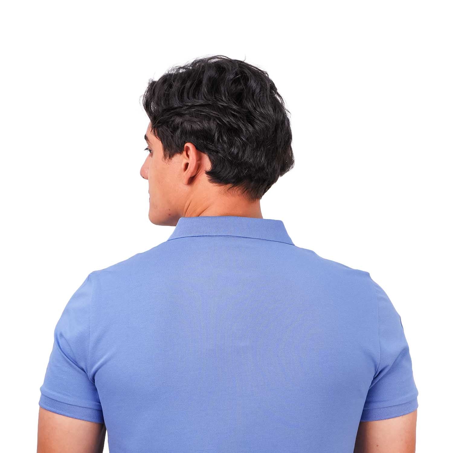 قميص بولو نابليون قصير الأكمام مطرز بتطريز رفيع، مصنوع من قماش البيكيه القطني/الليكرا، بياقة محبوكة مسطحة