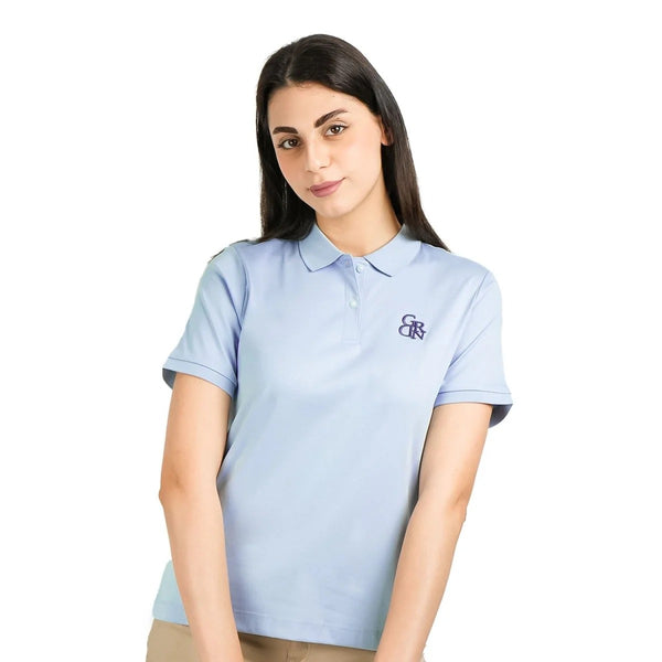 Women Cotton Interlock Flat Knitted Collar Short Sleeve Embroidery Solid Polo