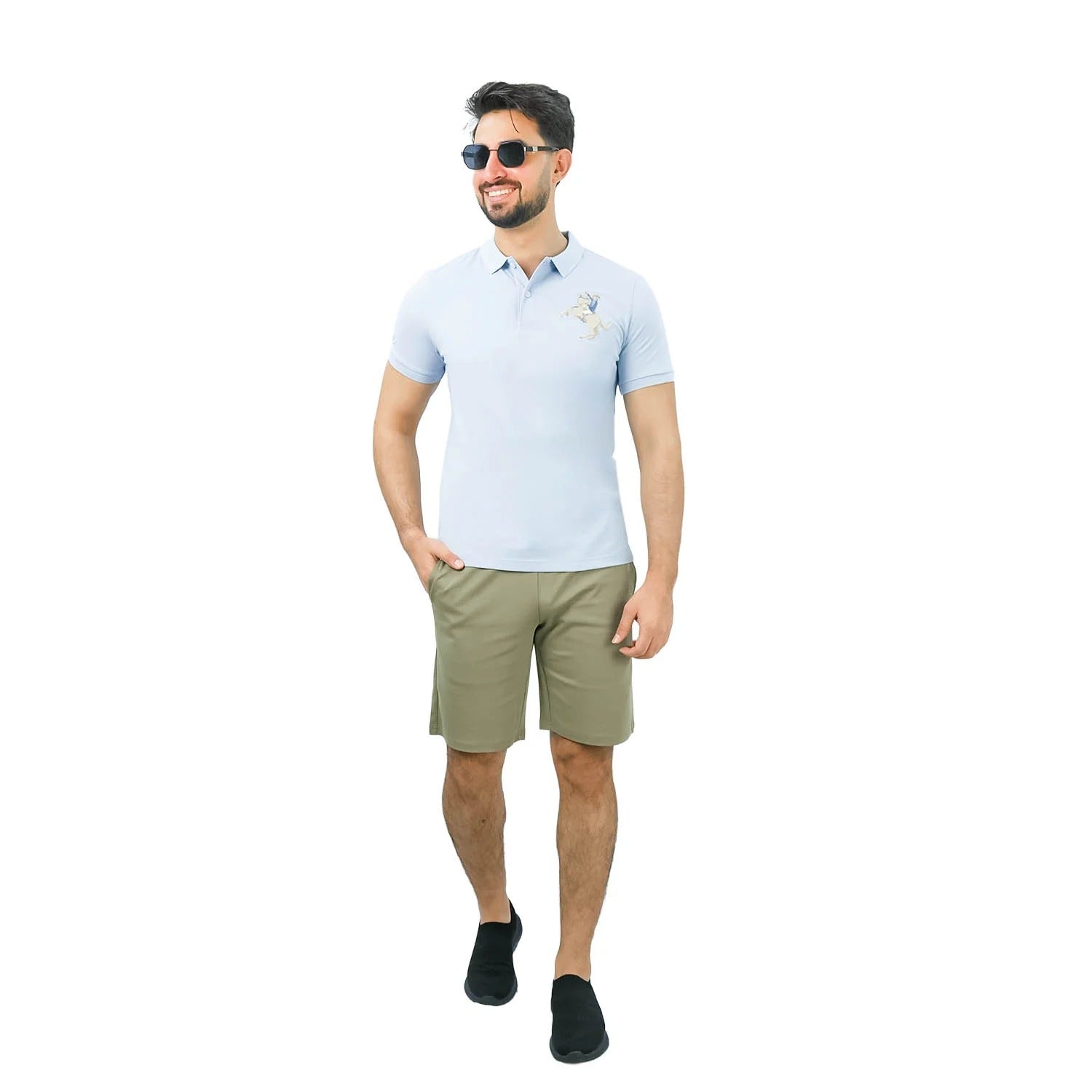 قميص بولو نابليون قصير الأكمام مطرز بتطريز رفيع، مصنوع من قماش البيكيه القطني/الليكرا، بياقة محبوكة مسطحة