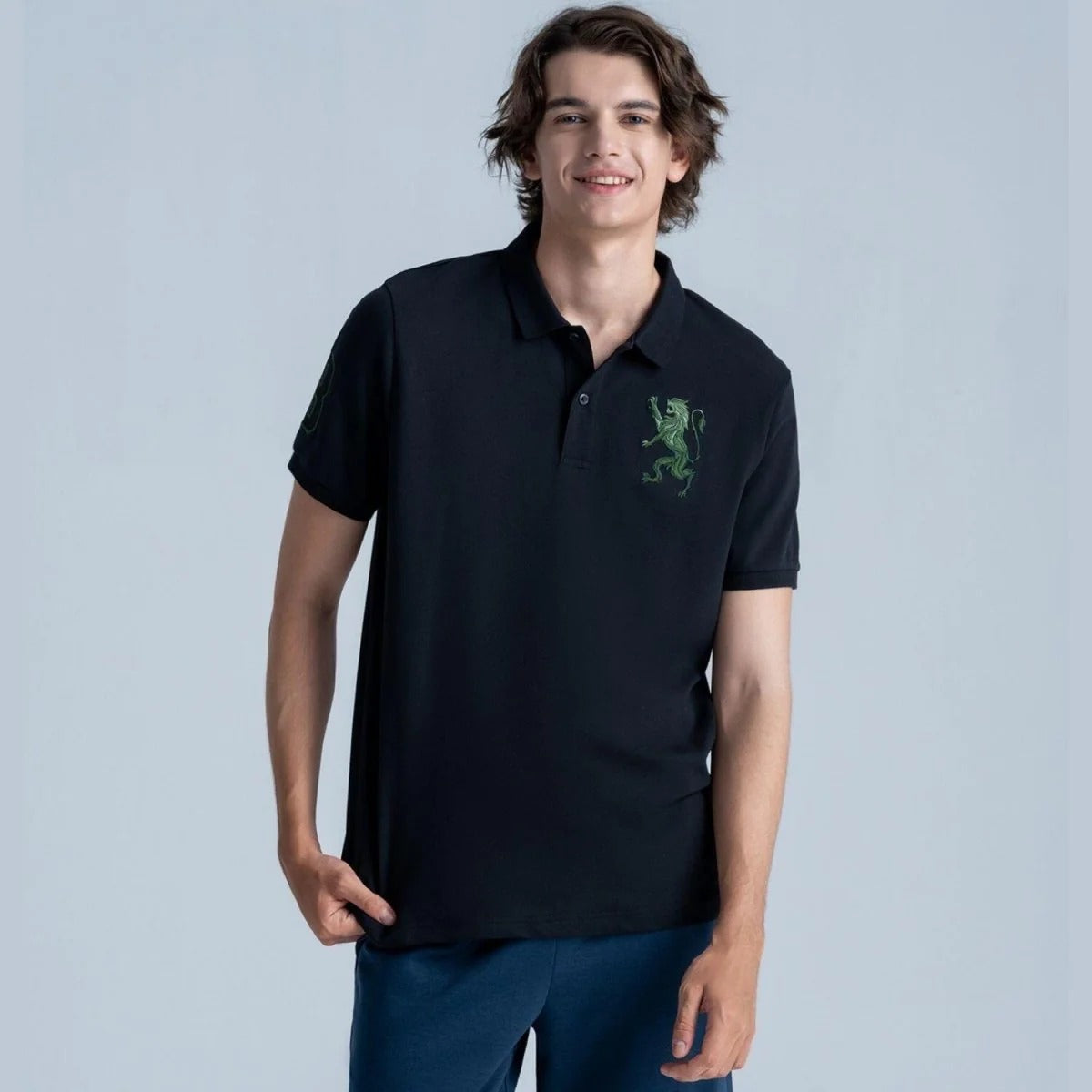 Cotton/Lycra Pique Flat Knitted Collar Short Sleeve Slim Embroidery Lion Polo