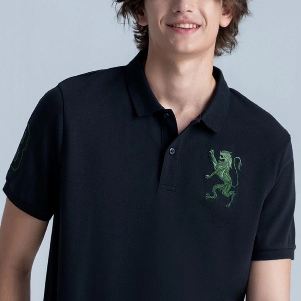 Cotton/Lycra Pique Flat Knitted Collar Short Sleeve Slim Embroidery Lion Polo