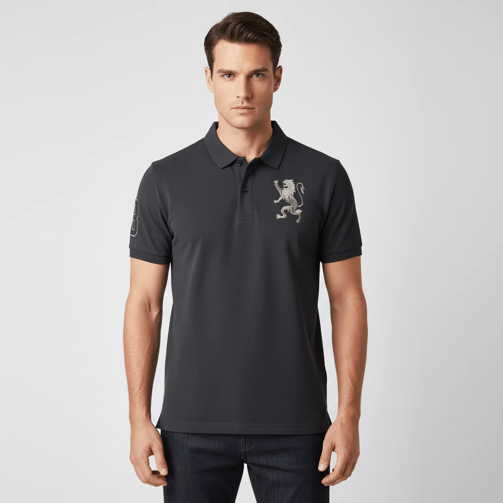 Cotton/Lycra Pique Flat Knitted Collar Short Sleeve Slim Embroidery Lion Polo