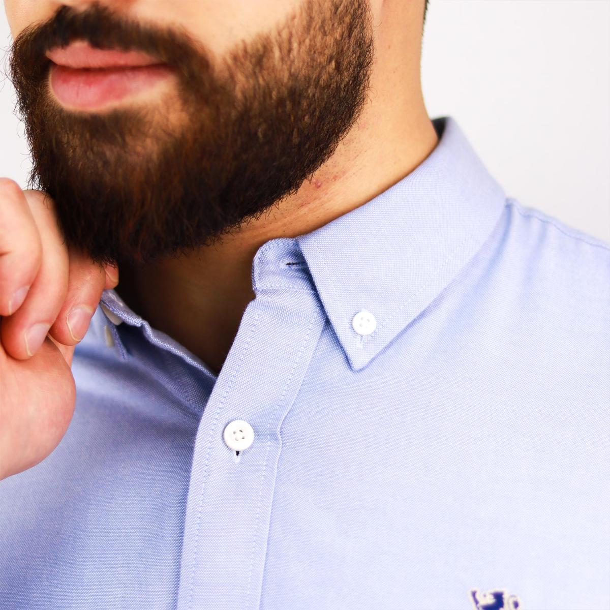 قميص قطني أكسفورد بأكمام طويلة وقصة ضيقة مطرزة، قابل للغسل