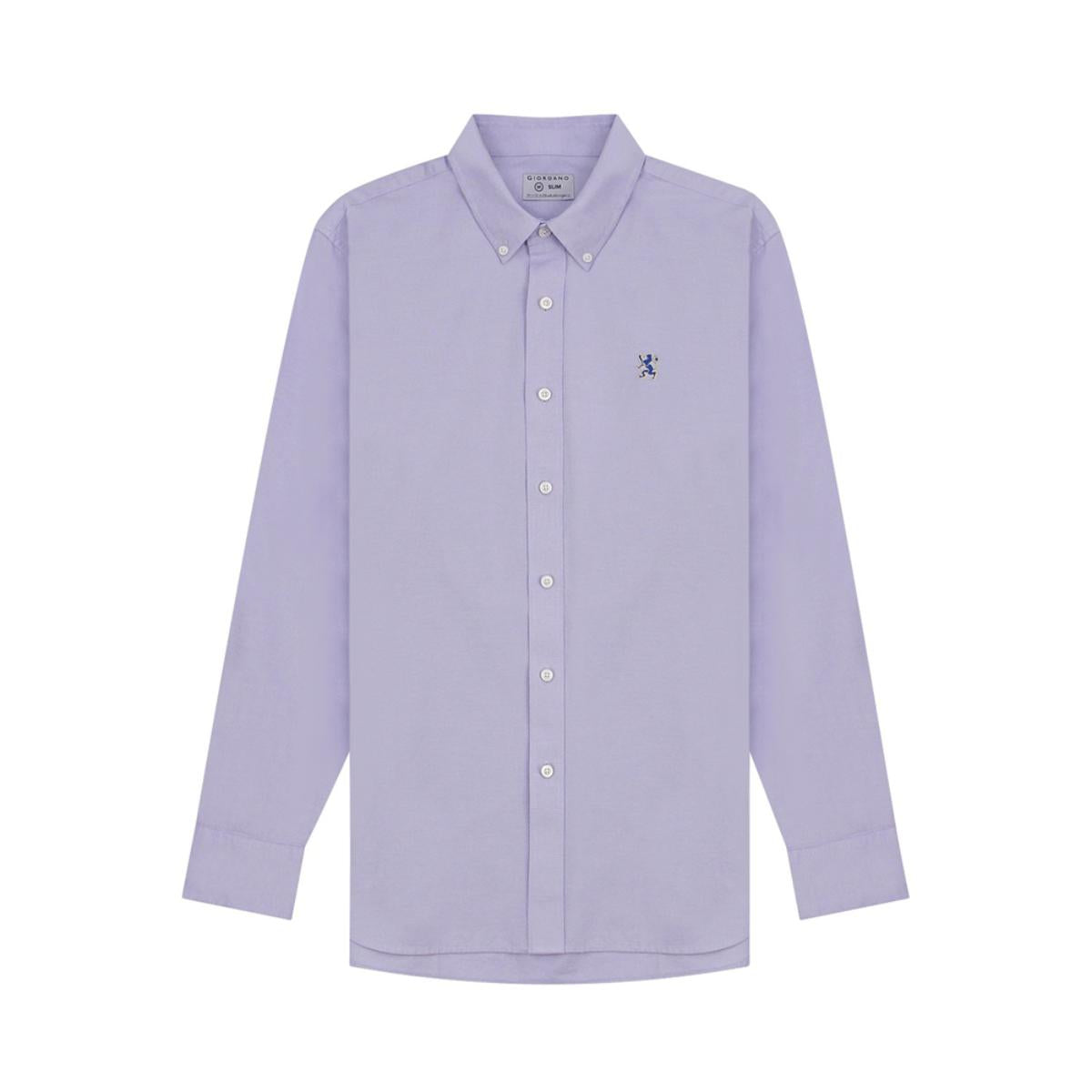 قميص قطني أكسفورد بأكمام طويلة وقصة ضيقة مطرزة، قابل للغسل