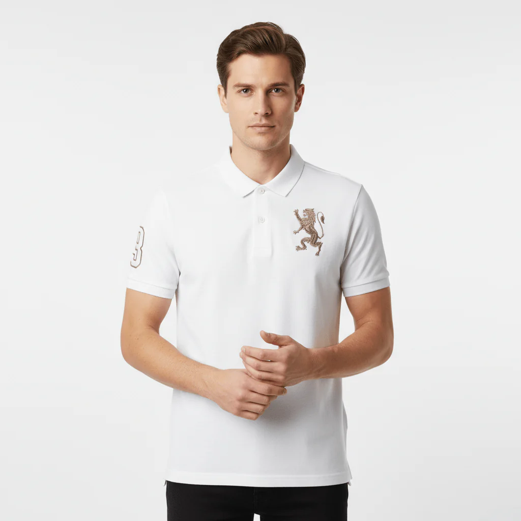 Cotton/Lycra Pique Flat Knitted Collar Short Sleeve Slim Embroidery Lion Polo