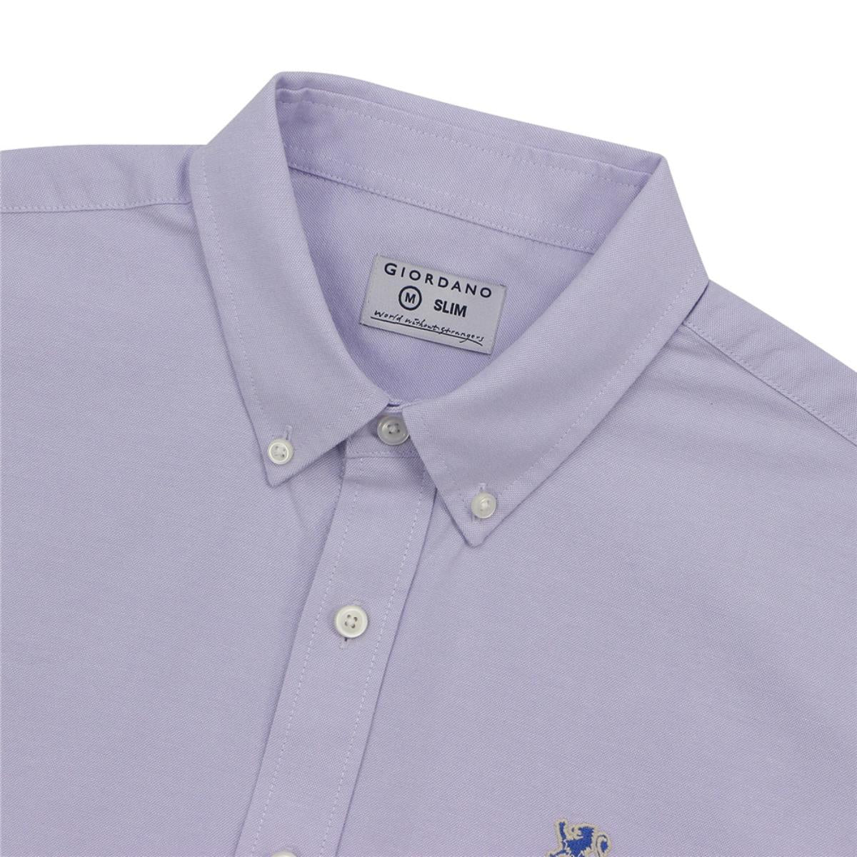 قميص قطني أكسفورد بأكمام طويلة وقصة ضيقة مطرزة، قابل للغسل