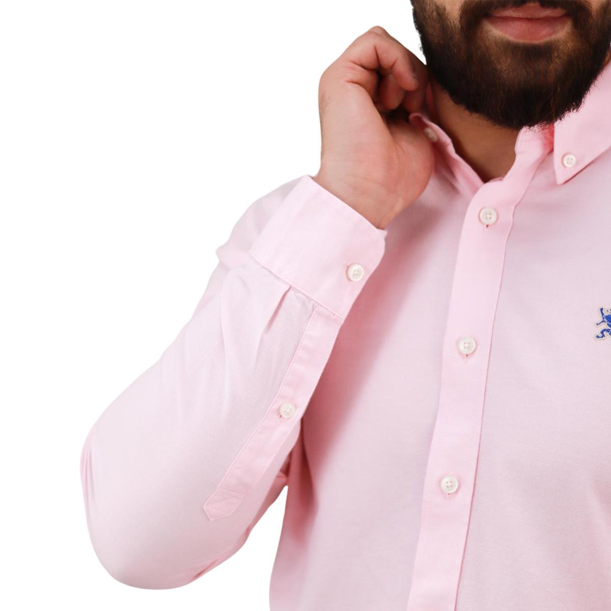 قميص قطني أكسفورد بأكمام طويلة وقصة ضيقة مطرزة، قابل للغسل