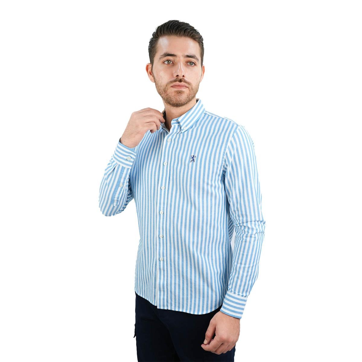 قميص قطني أكسفورد فلانيل بأكمام طويلة وقصة ضيقة مطرزة، قابل للغسل