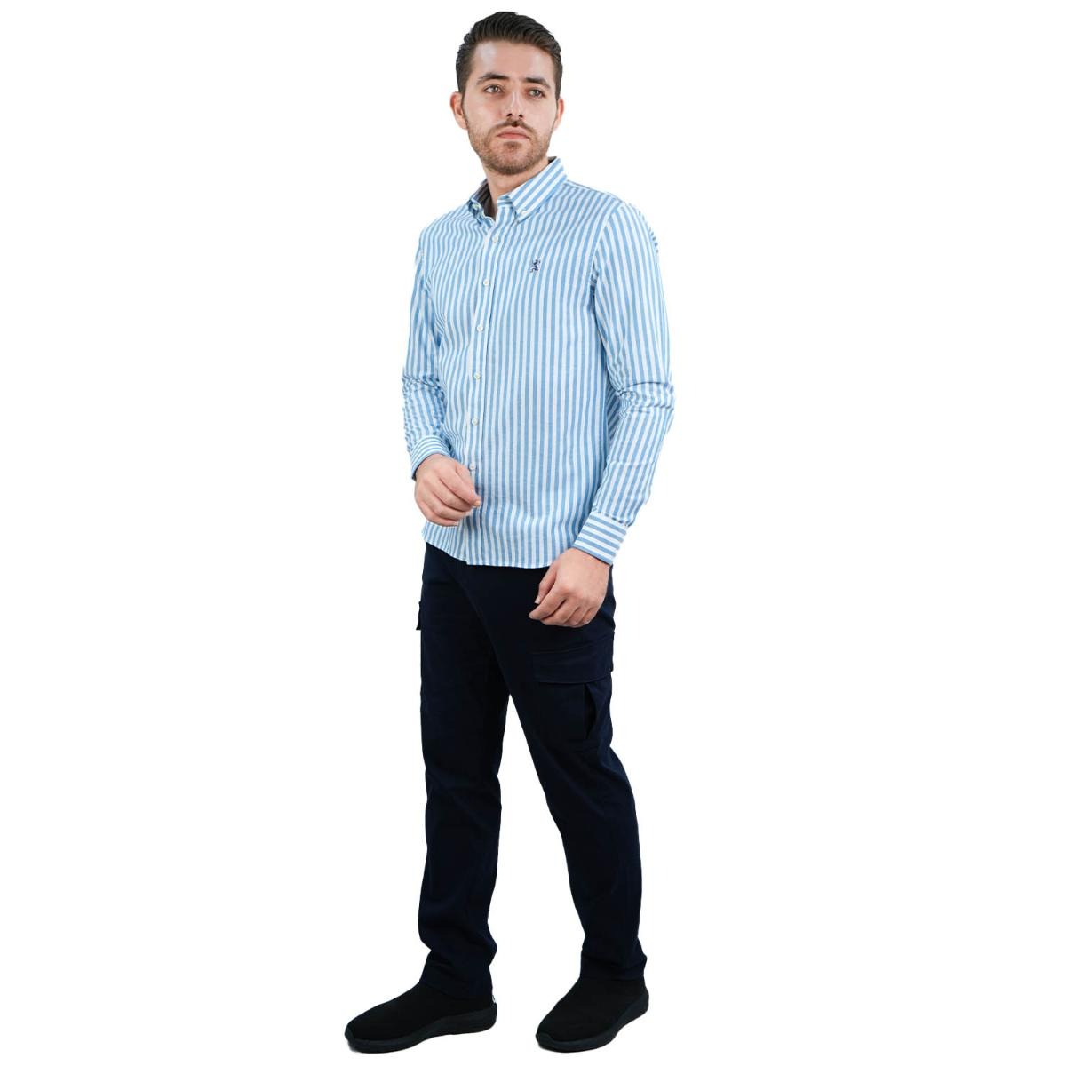 قميص قطني أكسفورد فلانيل بأكمام طويلة وقصة ضيقة مطرزة، قابل للغسل