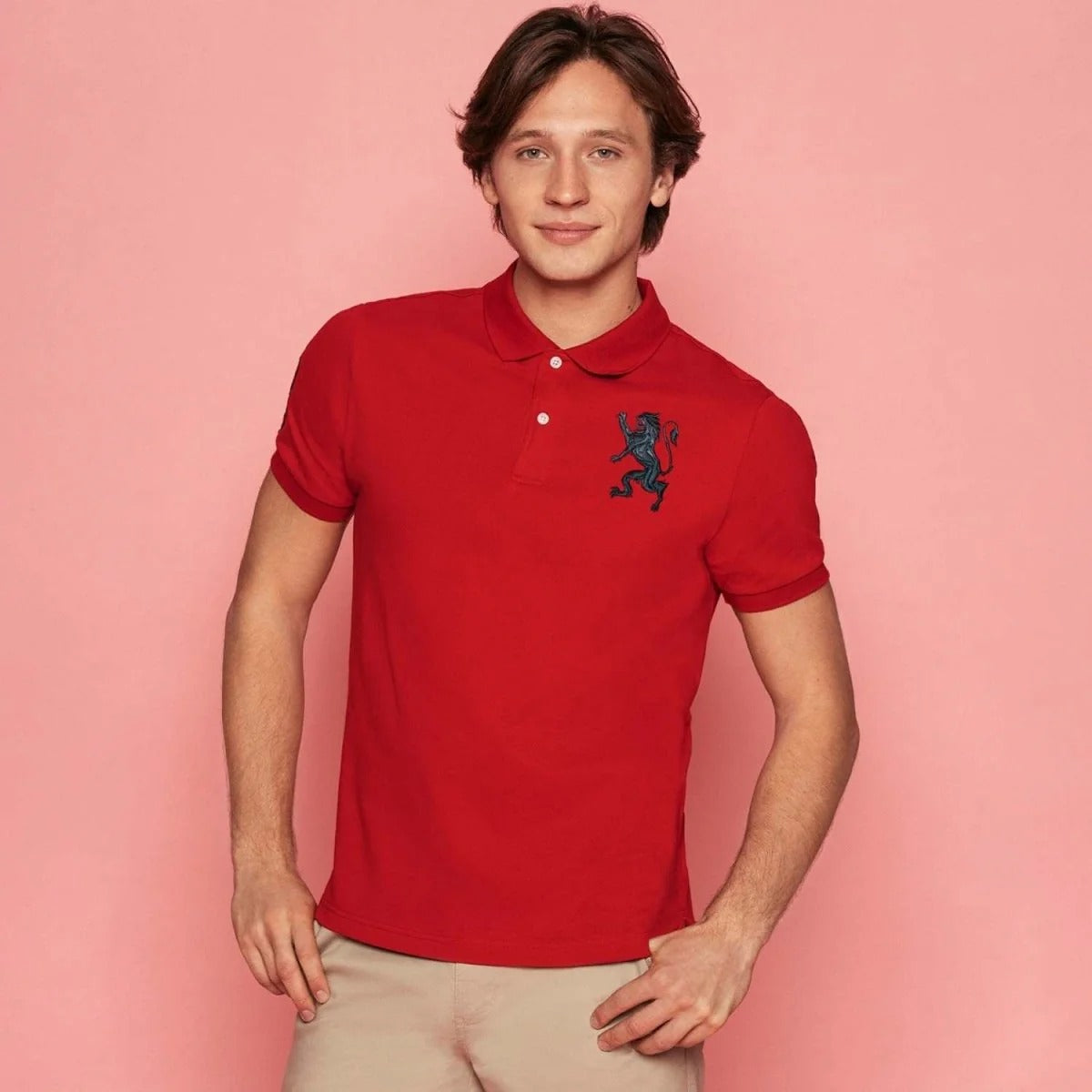 Men's Slim Fit 3D Lion Embroidery Lycra Pique Polo
