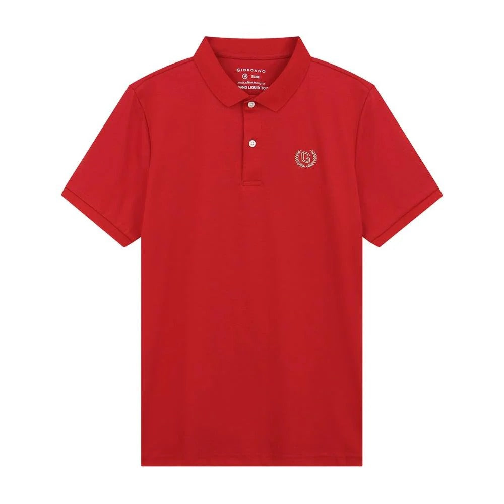 قميص بولو قطني محبوك مسطح بياقة وأكمام قصيرة وتطريز ضيق بلون سادة (ملمس سائل)