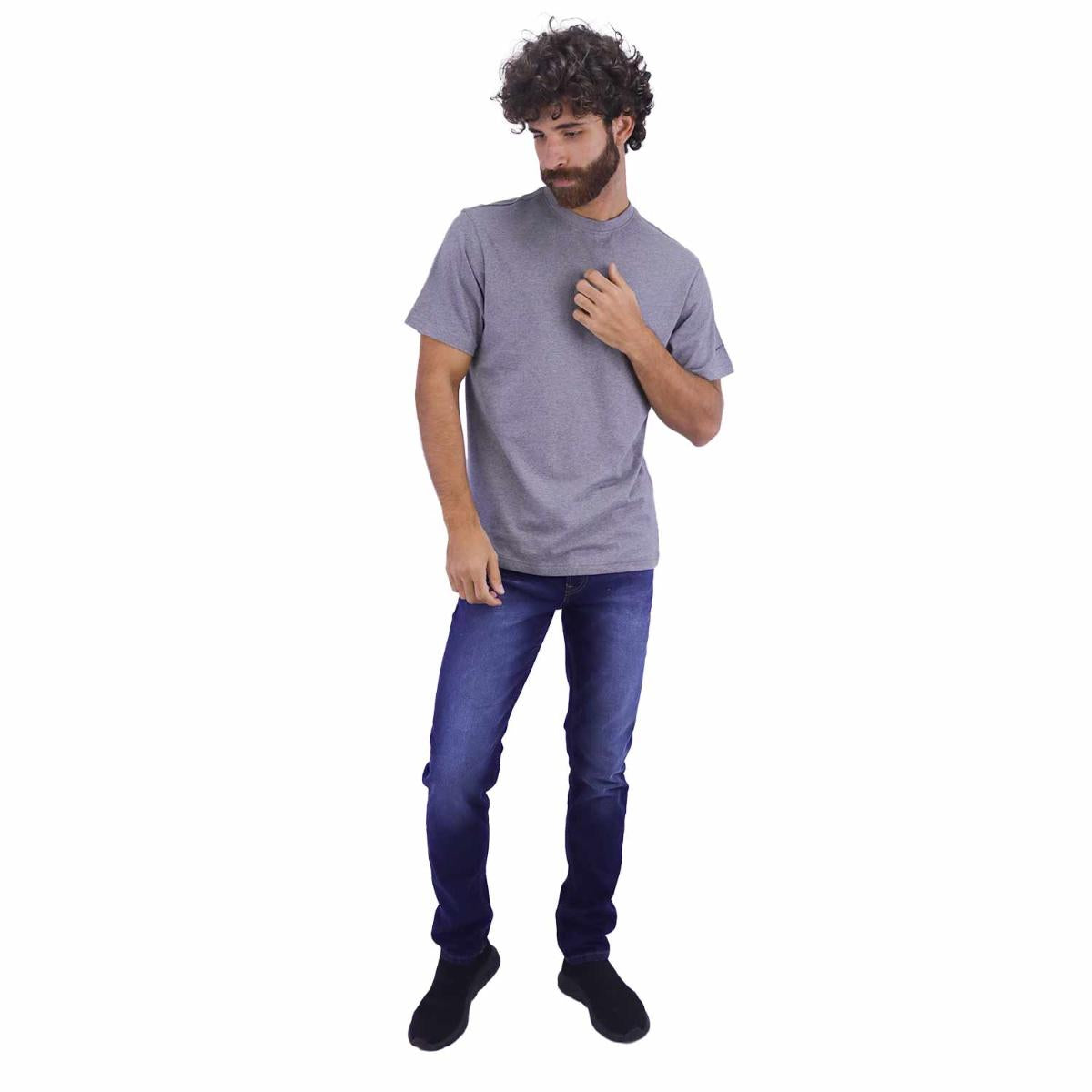 تيشيرت قطني ضيق بأكمام قصيرة ورقبة دائرية وياقة دائرية