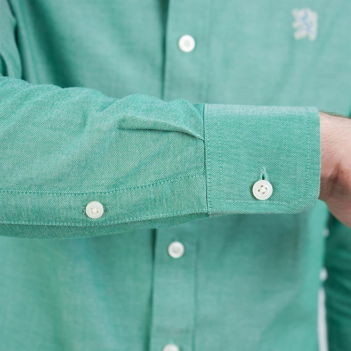 قميص قطني أكسفورد فلانيل بأكمام طويلة وقصة ضيقة مطرزة، قابل للغسل