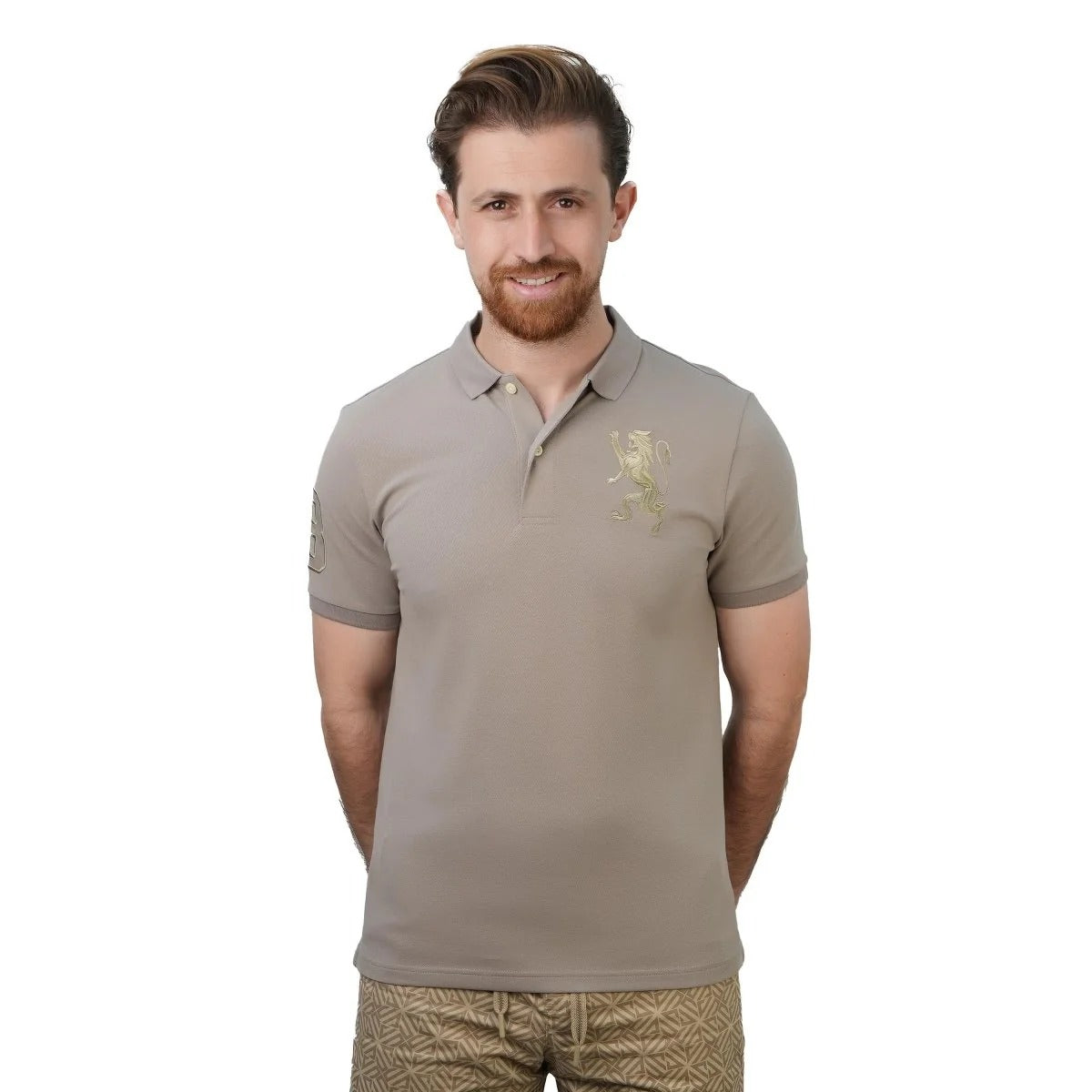 Cotton/Lycra Pique Flat Knitted Collar Short Sleeve Slim Embroidery Lion Polo