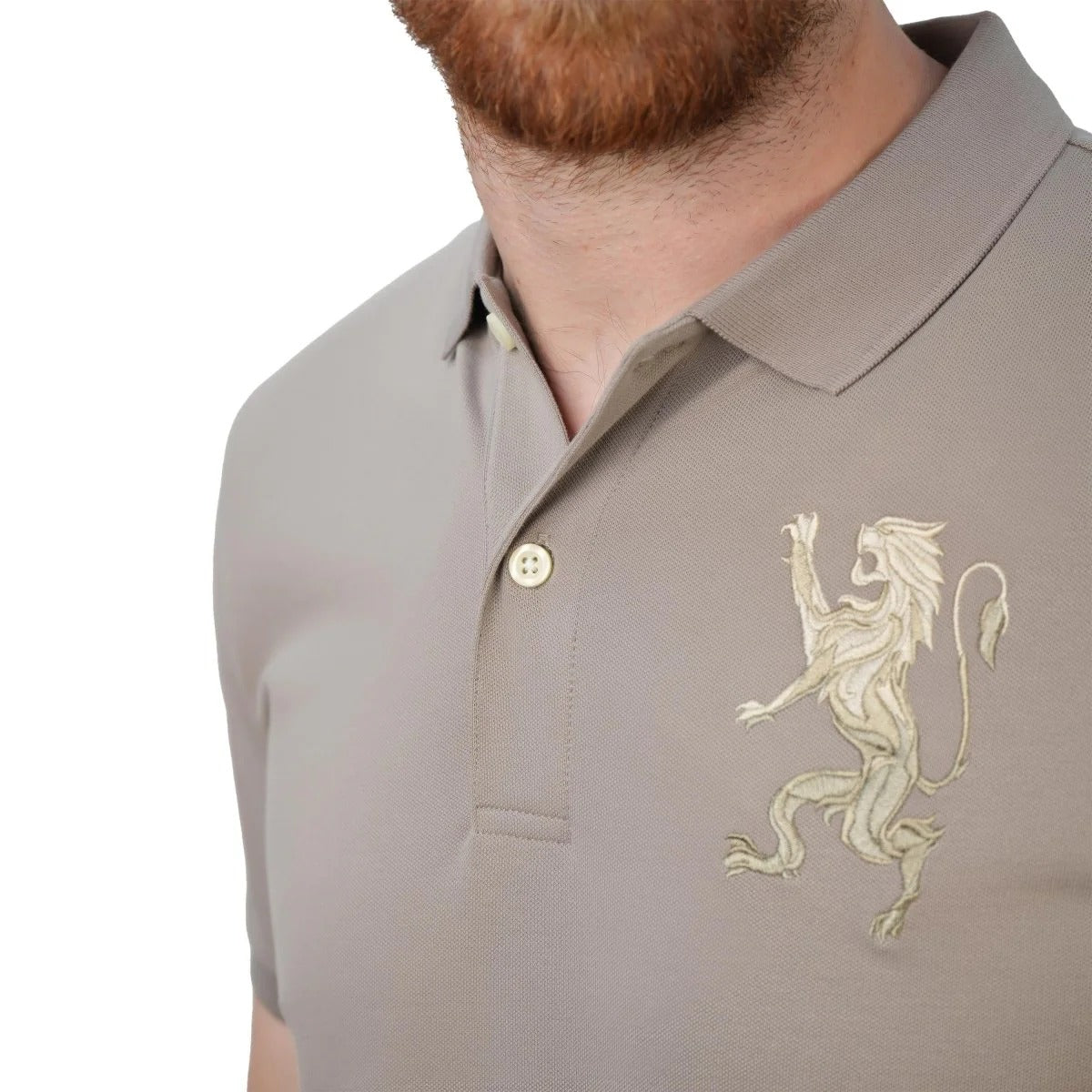 Cotton/Lycra Pique Flat Knitted Collar Short Sleeve Slim Embroidery Lion Polo