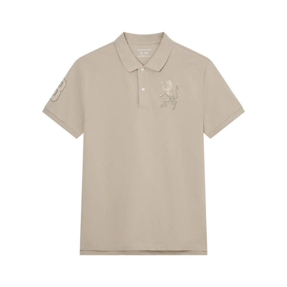 Men's Slim Fit 3D Lion Embroidery Lycra Pique Polo