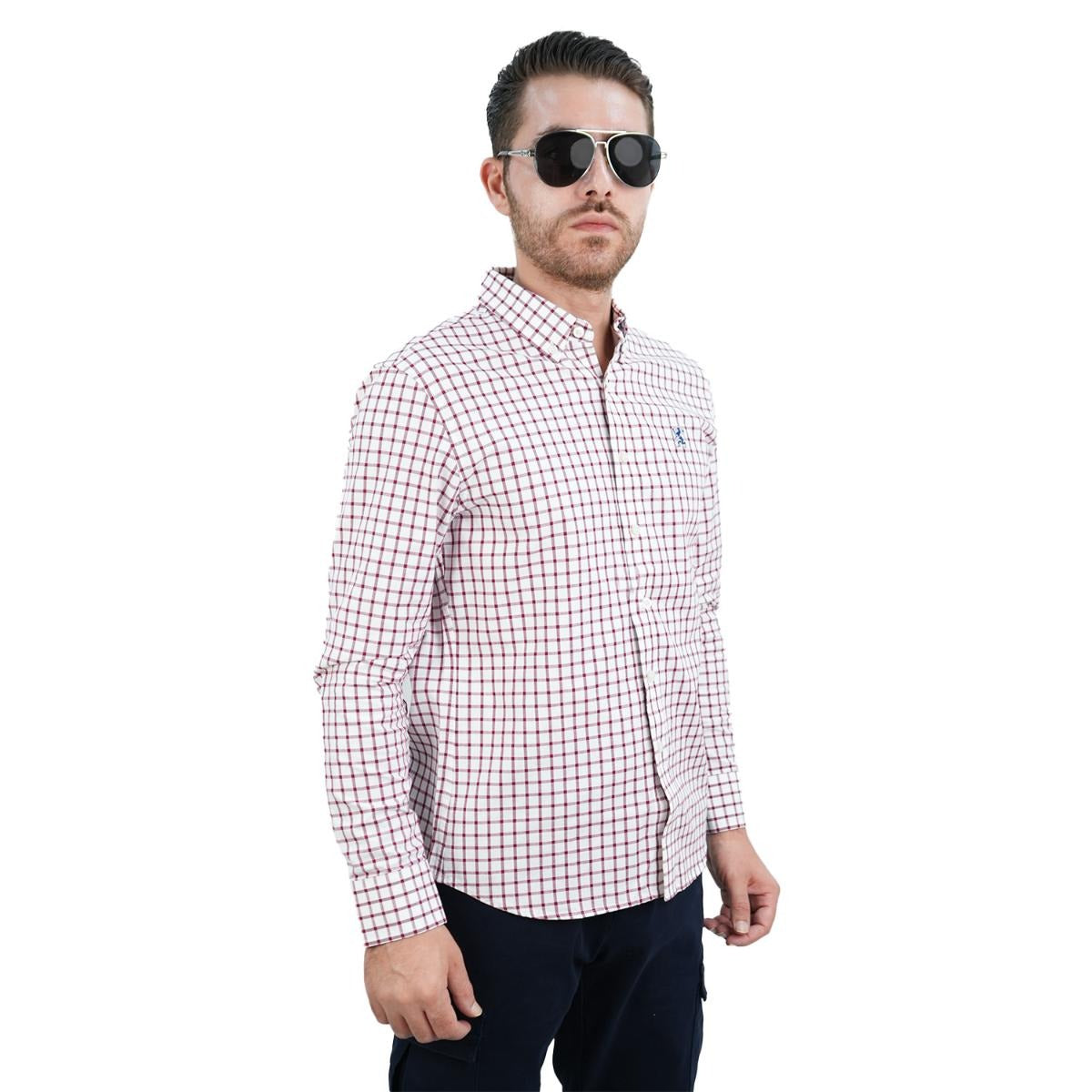 قميص قطني أكسفورد فلانيل بأكمام طويلة وقصة ضيقة مطرزة، قابل للغسل