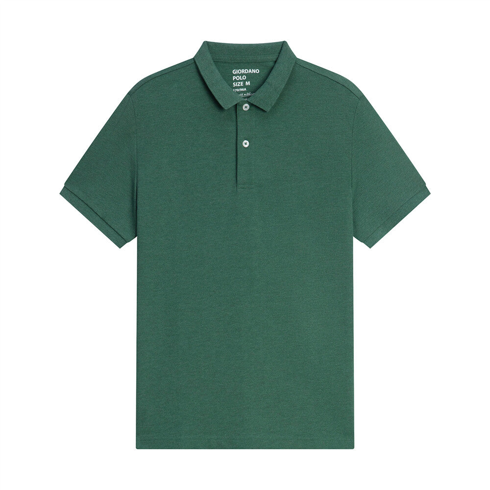 قميص بولو قطني/ليكرا بيكيه بياقة محبوكة وأكمام قصيرة وقصة ضيقة بلون موحد