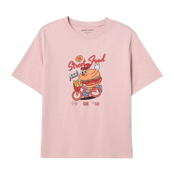 Women Cotton/Polyester Jersey Crewneck Short Sleeve Print Tee