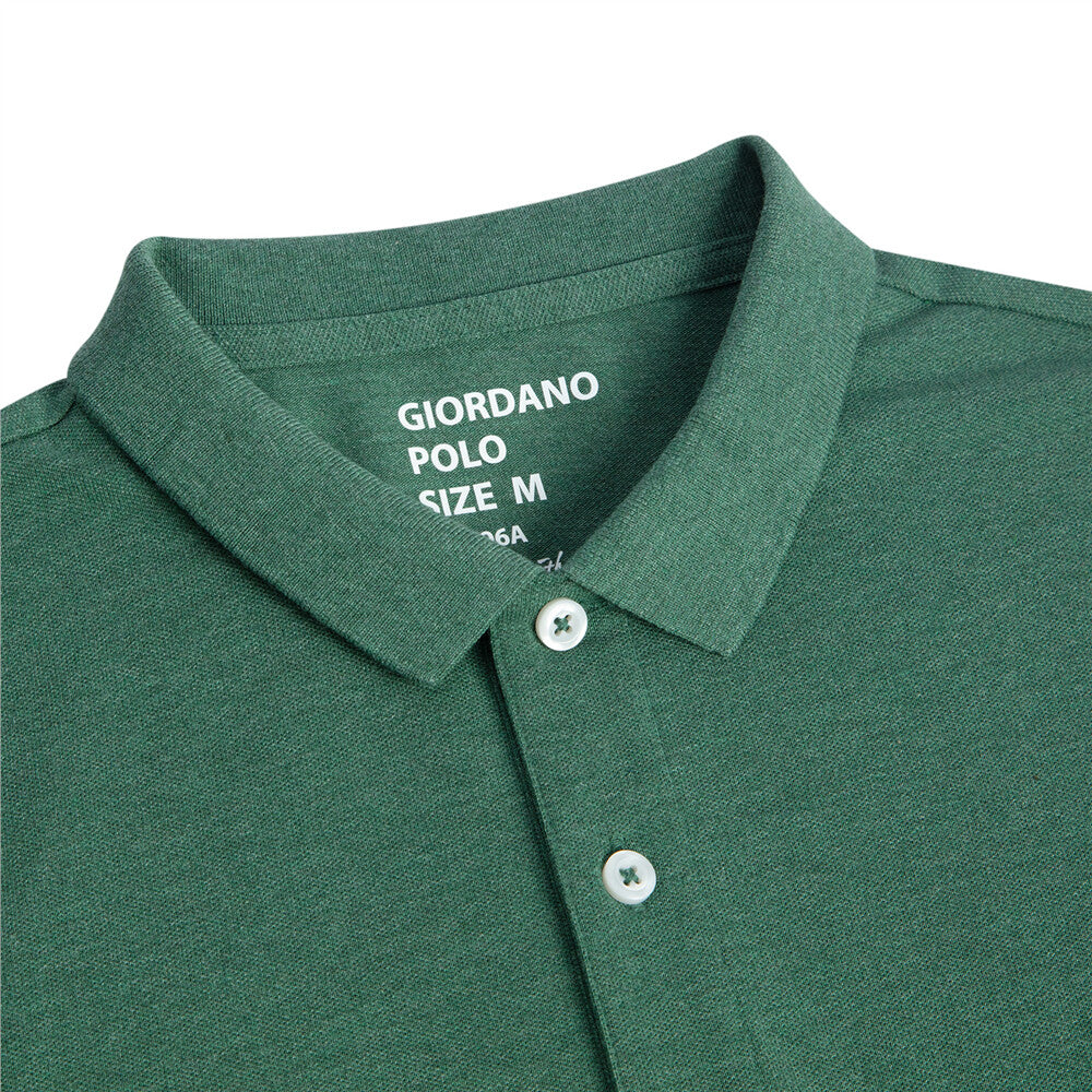 قميص بولو قطني/ليكرا بيكيه بياقة محبوكة وأكمام قصيرة وقصة ضيقة بلون موحد