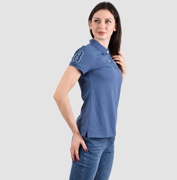 Women's Cotton/Lycra Pique Knitted Collar Short Sleeve Classic Slim Embroidery Bold Polo