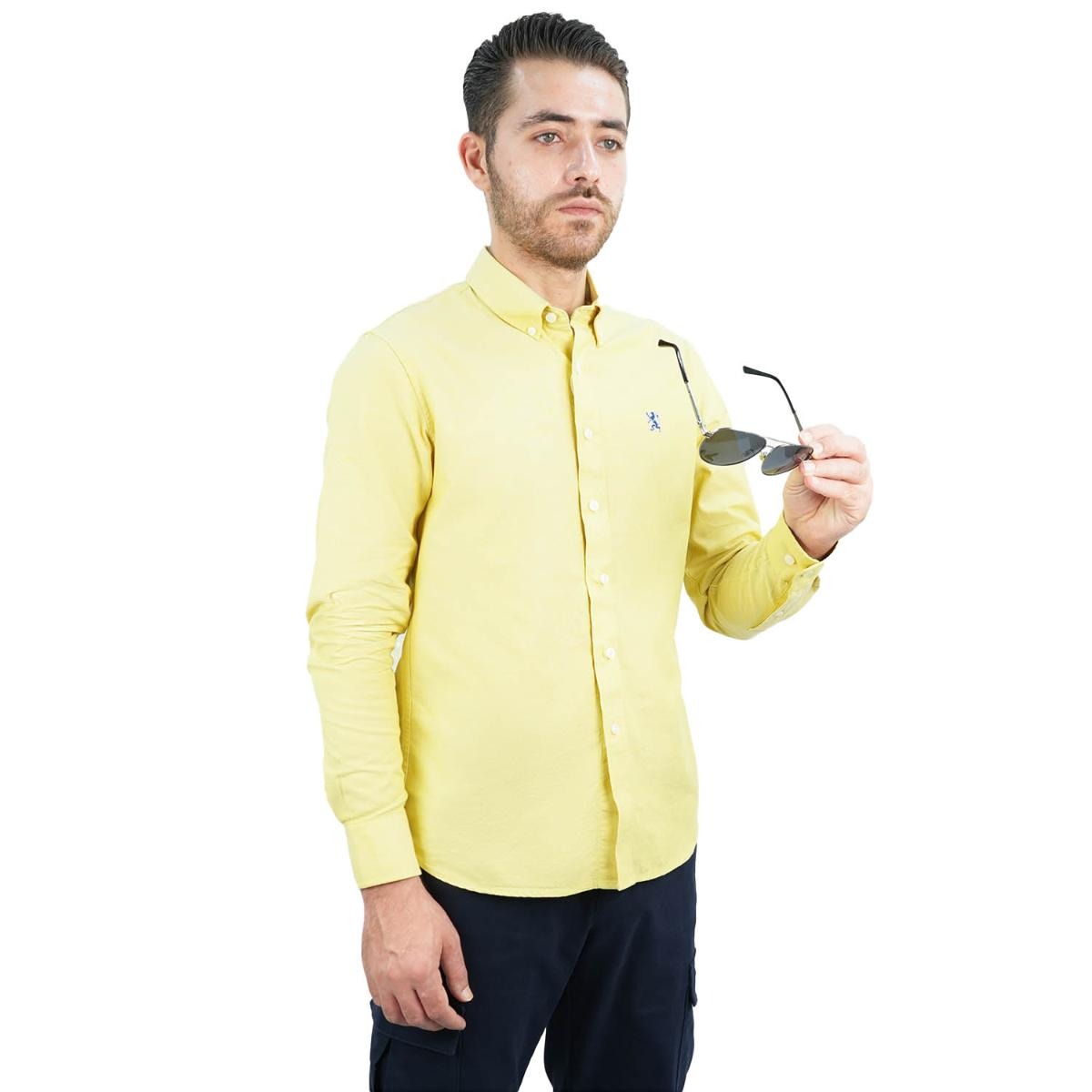 قميص قطني أكسفورد فلانيل بأكمام طويلة وقصة ضيقة مطرزة، قابل للغسل