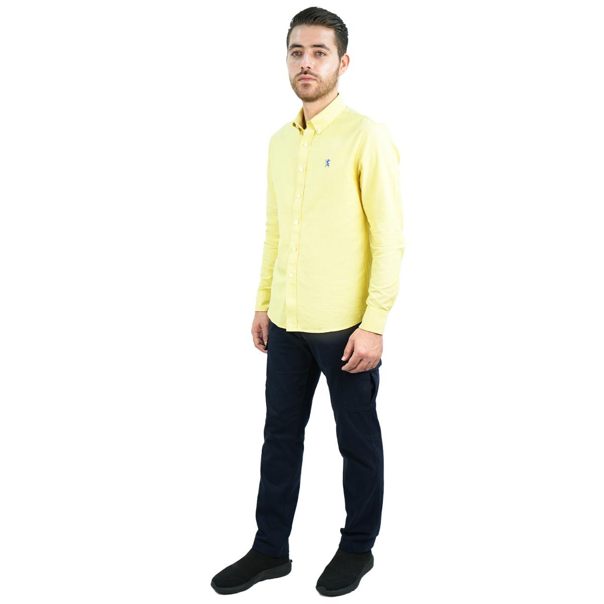 قميص قطني أكسفورد فلانيل بأكمام طويلة وقصة ضيقة مطرزة، قابل للغسل