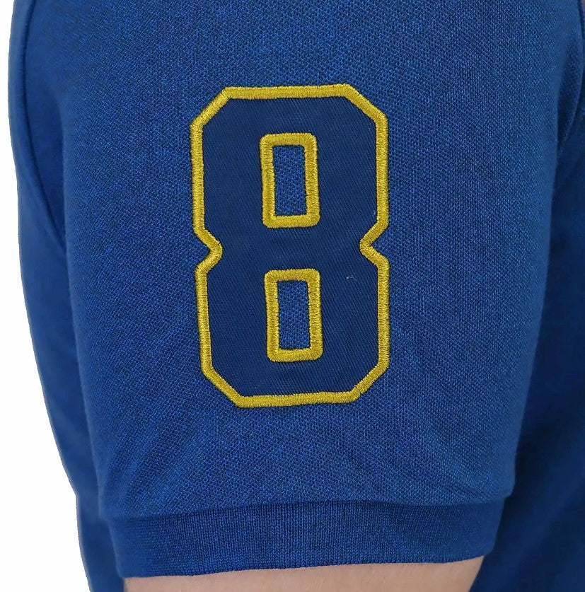 قميص بولو قصير الأكمام بتطريز جريء، مصنوع من القطن/ليكرا بيكيه، بياقة محبوكة