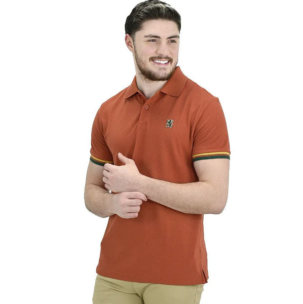 Cotton Pique Knitted Collar Short Sleeve Tapered Embroidery Polo (Solid Lion)