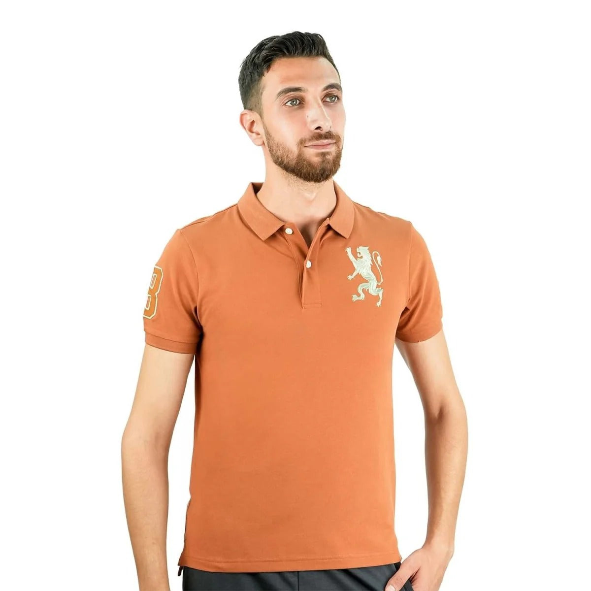 Cotton/Lycra Pique Flat Knitted Collar Short Sleeve Slim Embroidery Lion Polo