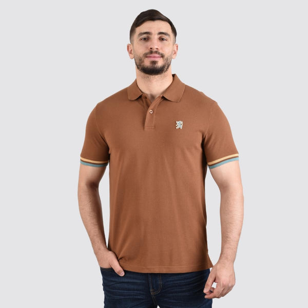 Cotton Pique Knitted Collar Short Sleeve Tapered Embroidery Polo (Solid Lion)