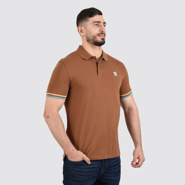 Cotton Pique Knitted Collar Short Sleeve Tapered Embroidery Polo (Solid Lion)