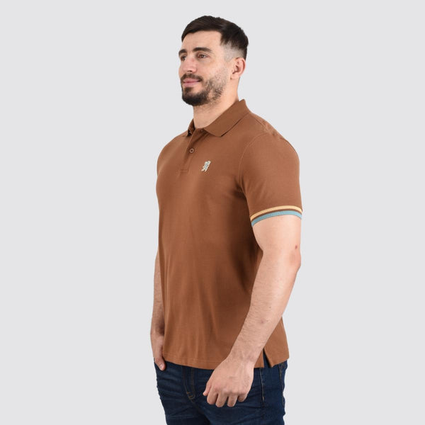 Cotton Pique Knitted Collar Short Sleeve Tapered Embroidery Polo (Solid Lion)