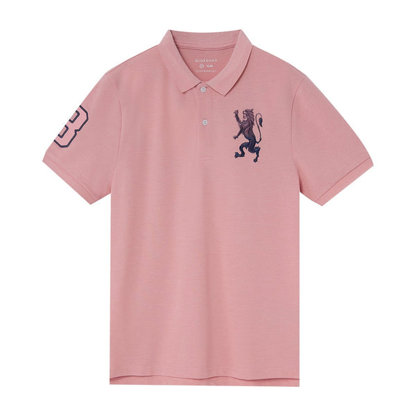 Cotton/Lycra Pique Flat Knitted Collar Short Sleeve Slim Embroidery Lion Polo